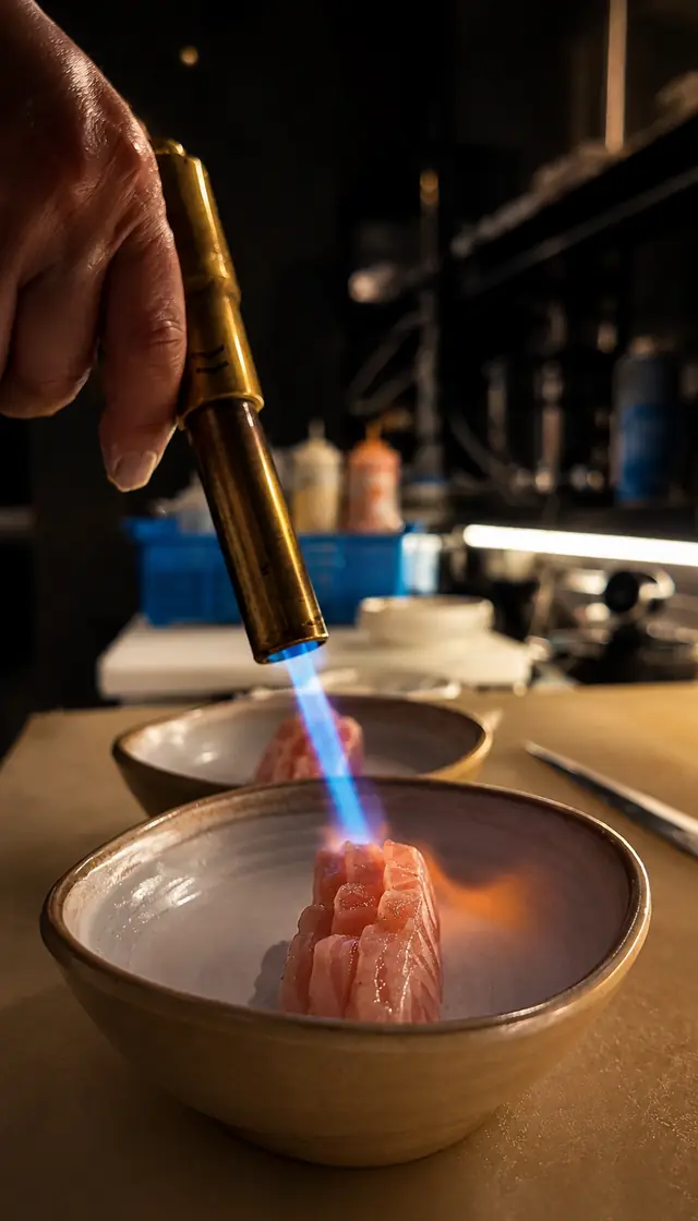 Cannello a fiamma blu che scotta il salmone nella ciotola